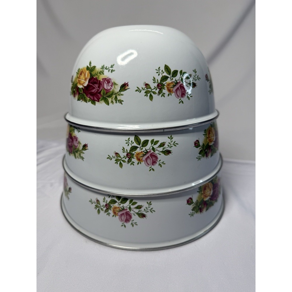 3 VTG Royal Albert Old Country Rose Enamelware Floral Pattern Metal Mixing Bowls